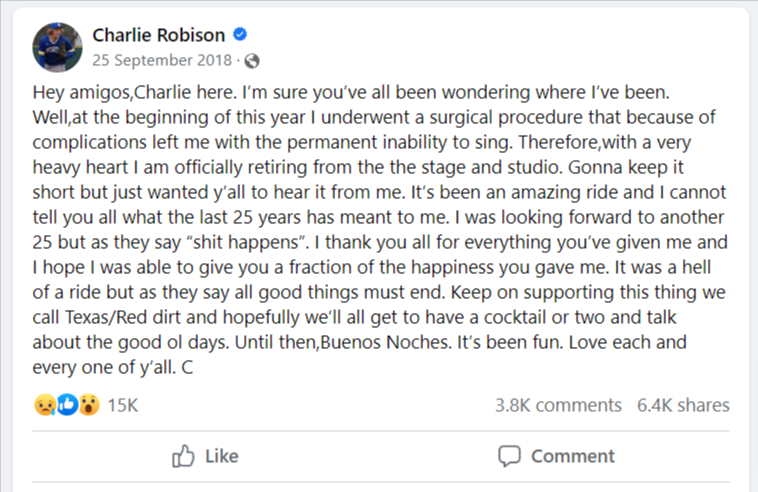 charlie robison retirement announcement